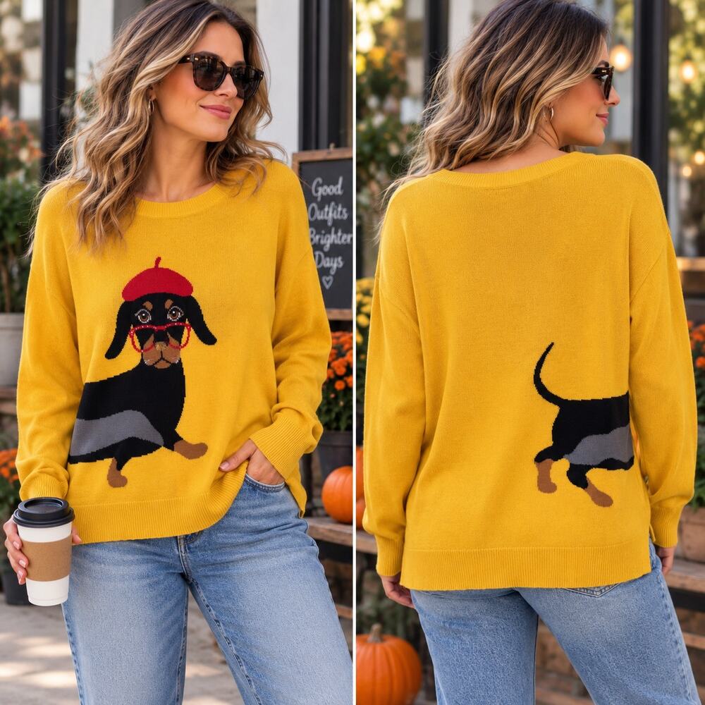 Dachshund Wiener Dog Novelty Sweater Mustard Yellow Womens M